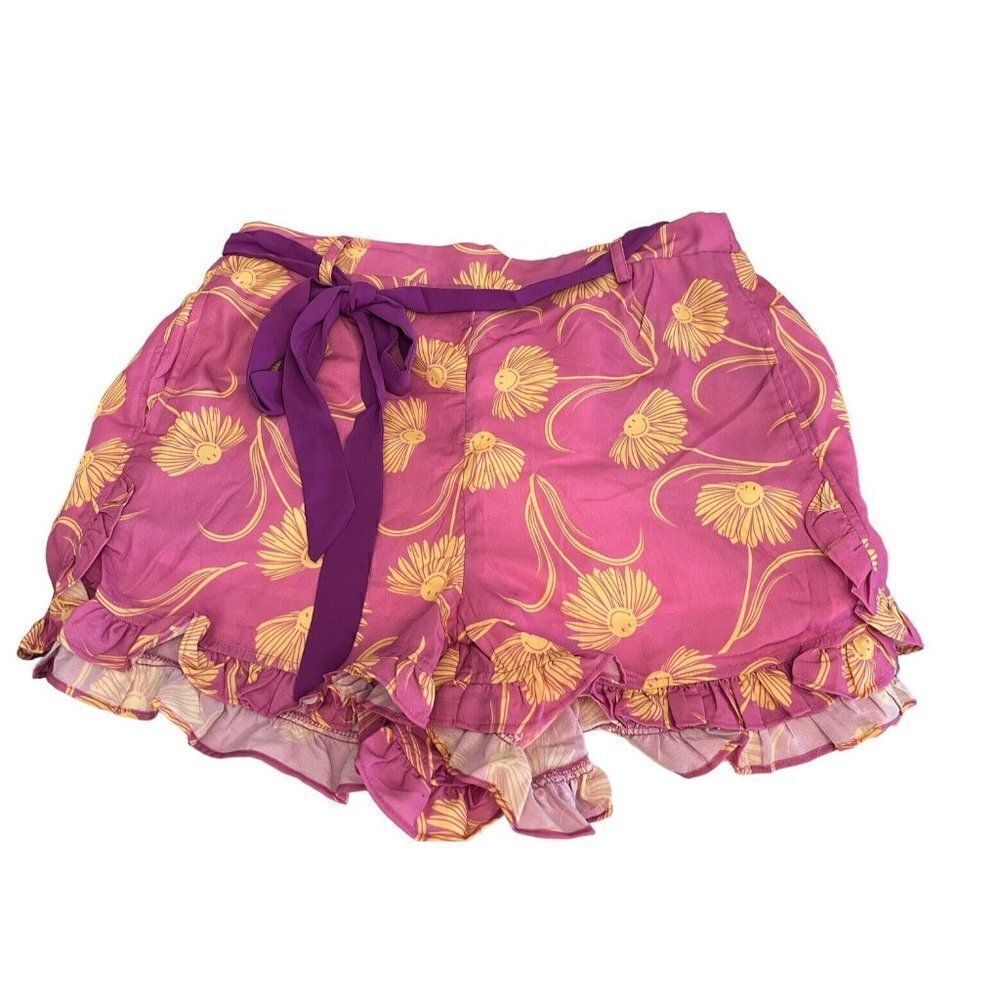 Ladies XL 14 Pink Ruffle Shorts Belted Yellow Smiley Daisy Flower Lined NWT